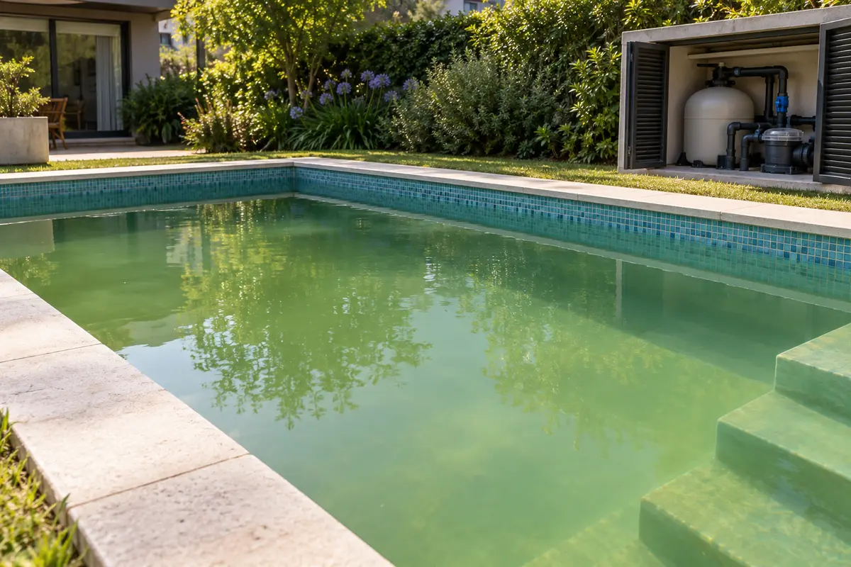 Pileta residencial con agua verdosa y equipo de filtrado a la vista